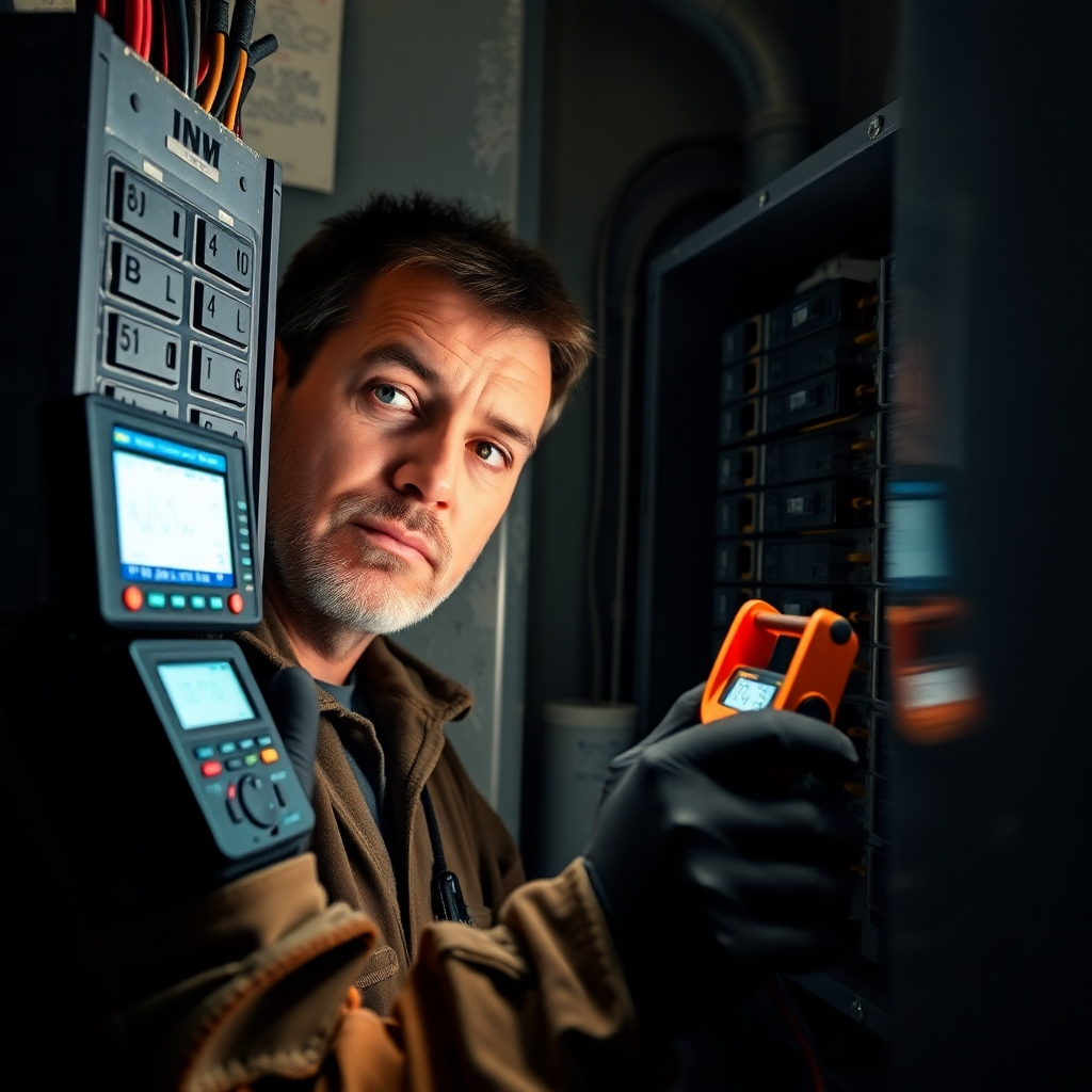 A photorealistic image depicting a technician using diagnostic equipment to inspect a circuit breaker panel. Highlight the focused expression of the technician and the data displayed on the equipment. The lighting should be slightly dim, emphasizing the glow of the diagnostic tools. Color palette should be professional and technical, with a focus on the equipment and the panel. Camera angle should be slightly low, emphasizing the importance of the inspection. Texture details should show the wear and tear of the panel and the precision of the equipment. The environment should suggest a typical home electrical panel. Props might include a multimeter or a thermal camera. Style: Realistic and informative.