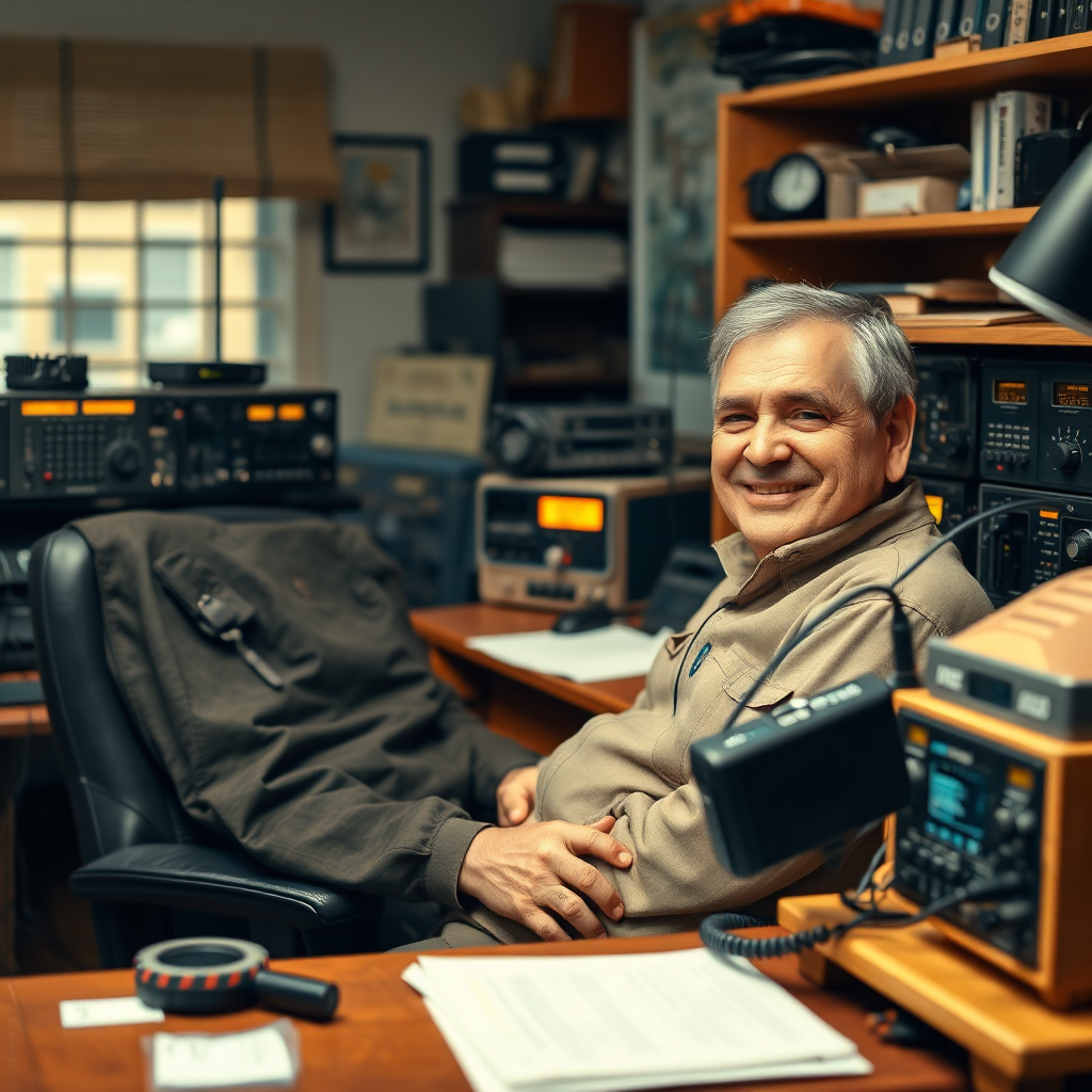A photorealistic image depicting a ham radio operator sitting comfortably at a fully installed and operational radio station. The operator is smiling and engaged in a QSO (radio contact). The radio station is neatly organized and well-lit, with all equipment properly connected and labeled. The background is a blurred view of the operator's home office. Lighting should be warm and inviting, creating a sense of comfort and ease. Use a medium-angle lens to capture the operator and the radio station in their entirety. The color palette should be warm and inviting, with browns, yellows, and oranges dominating. Style reference: Norman Rockwell painting.
