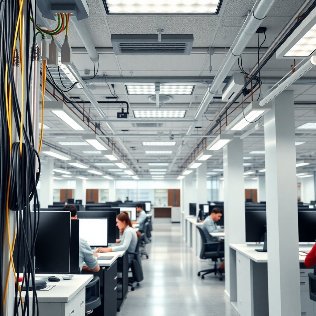 A photorealistic image depicting a bustling commercial office space with various electrical installations. Visible are data cables, lighting fixtures, and power outlets, all neatly organized and professionally installed. The office space is modern and brightly lit, with employees working on computers. The composition emphasizes the seamless integration of electrical systems into the work environment. Lighting is bright and efficient, highlighting the productivity of the office. The color palette is clean and professional, emphasizing the reliability of the electrical services. The camera angle is slightly elevated, providing a comprehensive view of the office space and the electrical installations. Textures should be sharp and detailed, showcasing the quality of the materials used. Style references include commercial photography and architectural visualization, focusing on efficiency and functionality. 4K resolution, high quality.