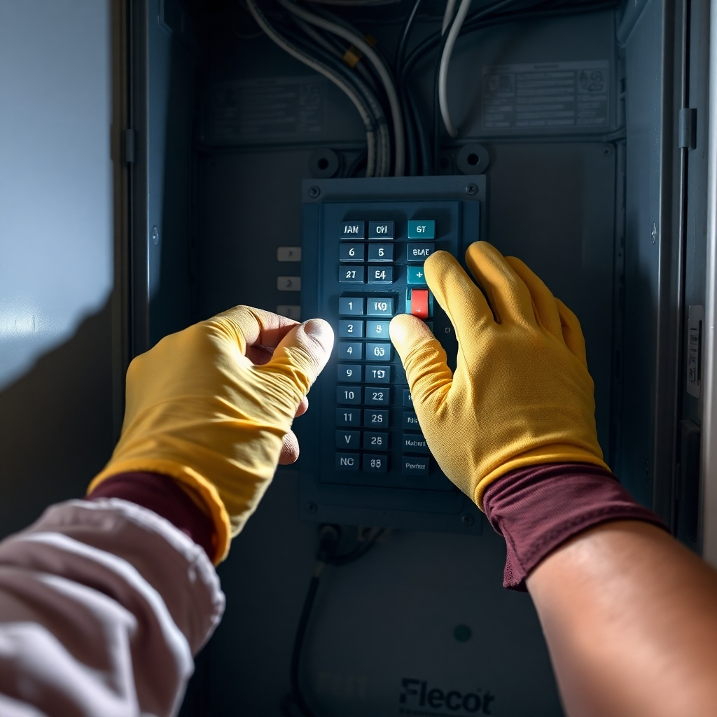 A photorealistic image depicting a homeowner safely resetting a tripped circuit breaker. Emphasize the safety precautions being taken, such as wearing gloves and using a flashlight. The lighting should be focused on the breaker panel, highlighting the area being worked on. Color palette should be practical and informative, with a focus on safety. Camera angle should be eye-level, showing the process from the homeowner's perspective. Texture details should show the texture of the breaker panel and the homeowner's gloves. The environment should suggest a typical home electrical panel. Props might include a flashlight or a pair of gloves. Style: Practical and informative.