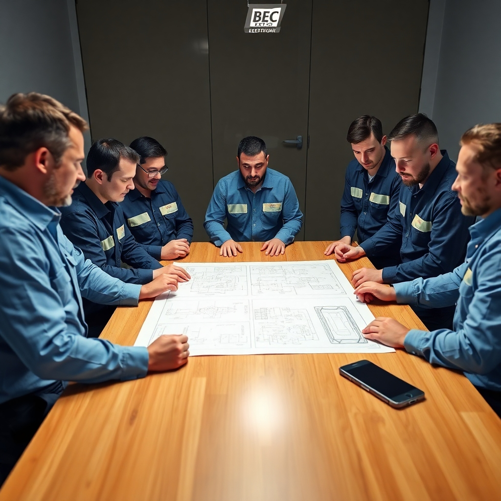 A photorealistic image depicting a team of electricians gathered around a conference table, reviewing blueprints and discussing best practices. The electricians are confident and professional, representing the expertise of BEC Electric LLC. The blueprints showcase complex electrical schematics, highlighting the technical skills of the team. The lighting is bright and professional, emphasizing the collaborative nature of the discussion. The color palette is dominated by blues and grays, representing technical precision and reliability. The camera angle is slightly elevated, providing a comprehensive view of the team and the blueprints. Textures should be sharp and detailed, showcasing the technical expertise of the electricians. Style references include corporate photography with a focus on leadership and expertise. 4K resolution, high quality.