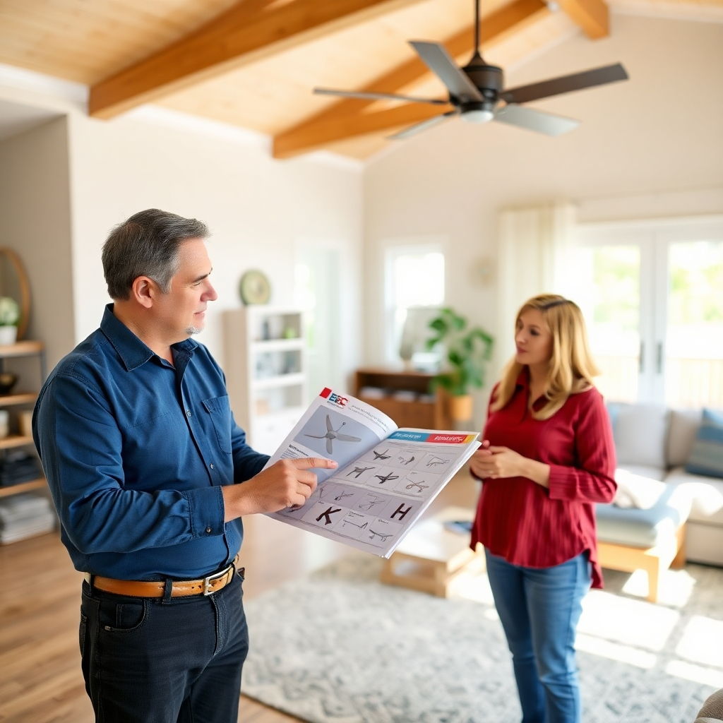 A photorealistic image of a BEC Electric LLC consultant advising a homeowner on the best ceiling fan options for their home. The setting is a bright and airy living room. The consultant is pointing to a ceiling fan catalog and discussing the features of different models. The homeowner is engaged and asking questions. The camera angle is medium shot, capturing both the consultant and the homeowner. This image represents BEC Electric LLC's commitment to providing expert advice and personalized service.