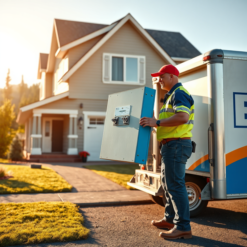 A photorealistic image of a BEC Electric truck parked in front of a North Idaho home. A uniformed electrician is carrying a new electrical panel towards the house. The scene is bright and cheerful, conveying professionalism and reliability. The camera angle is slightly wide, capturing the home and the surrounding landscape. The color palette is warm and inviting. Style reference: stock photography. Technical specs: 8K resolution, hyperrealistic.