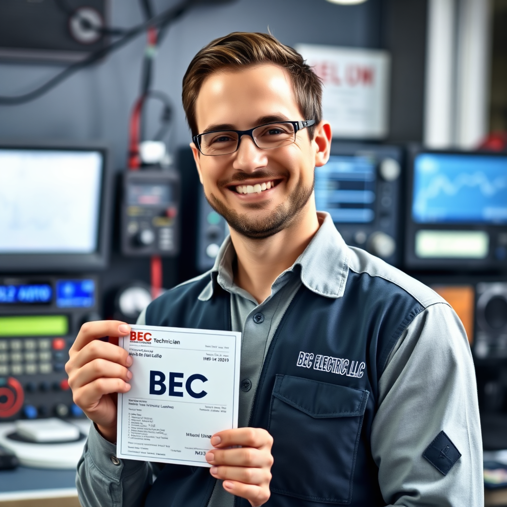 A photorealistic image of a BEC Electric LLC technician holding a ham radio license, wearing a professional uniform, and smiling confidently. The background should be a blurred view of a radio station. The lighting should be bright and even, emphasizing the technician's professionalism and expertise. Use a medium-angle lens to capture the technician in their entirety. The color palette should be professional and trustworthy, with blues, grays, and whites dominating. Style reference: Professional headshot.