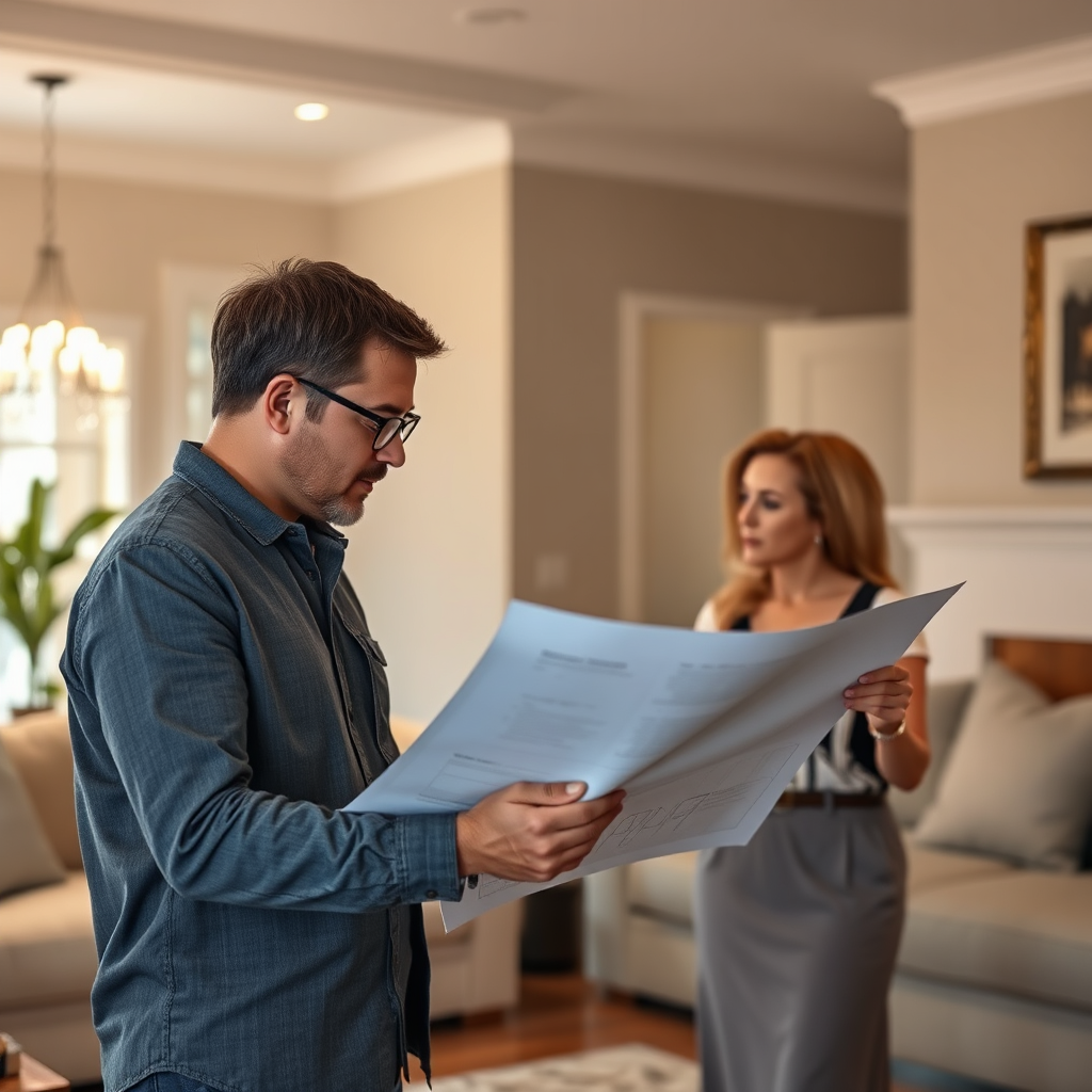 A photorealistic image of a BEC Electric LLC lighting designer working with a homeowner to plan the lighting for their living room. The scene should convey collaboration, expertise, and personalized service. The lighting should be warm and inviting, highlighting the creative process and the potential for transformation. Aim for an 8K resolution image with hyperrealistic rendering to capture the details of the design consultation.