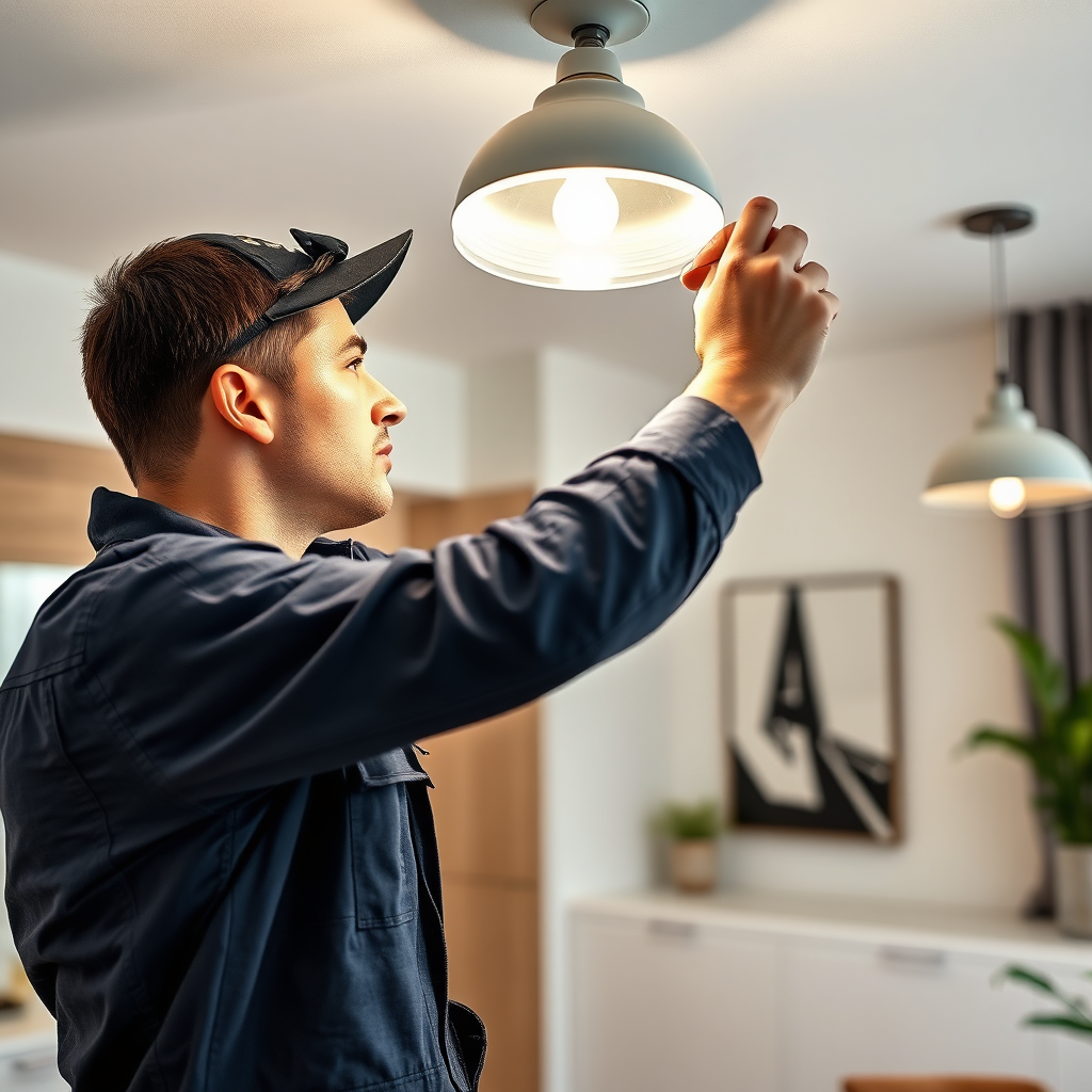 A photorealistic image of a BEC Electric LLC technician expertly installing a light fixture in a modern home. The scene should convey professionalism, competence, and attention to detail. The lighting should be bright and focused, highlighting the technician's tools and the precision of their work. The composition should emphasize the technician's expertise and the customer's trust. Aim for an 8K resolution image with hyperrealistic rendering, capturing the subtle nuances of the installation process.