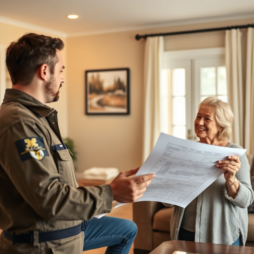 A photorealistic image of a BEC Electric electrician having a friendly conversation with a homeowner in their living room. They are reviewing plans for an electrical panel upgrade. The lighting is warm and inviting. The camera angle is medium, capturing both individuals. The color palette is comfortable and welcoming. Style reference: Real estate photography. Technical specs: 8K resolution, hyperrealistic.