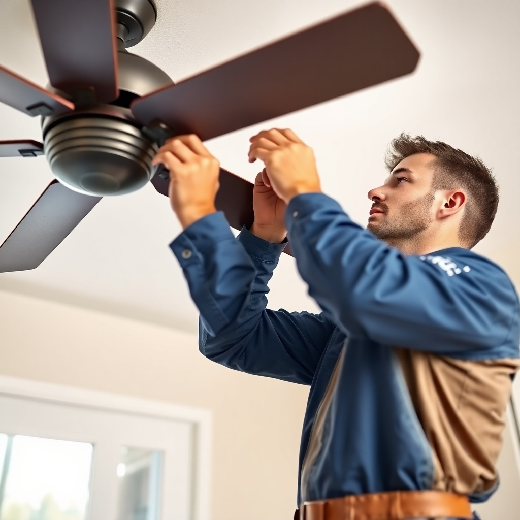 A photorealistic image of a BEC Electric LLC certified electrician carefully installing a ceiling fan. He is using professional tools and is focused on the task. The setting is a clean, modern home. The lighting is bright and clear, showcasing the electrician's expertise. The camera angle is close-up, highlighting the electrician's hands and the tools being used. The electrician should be wearing a BEC Electric LLC uniform. This image represents the professionalism and expertise of BEC Electric LLC's installation services.