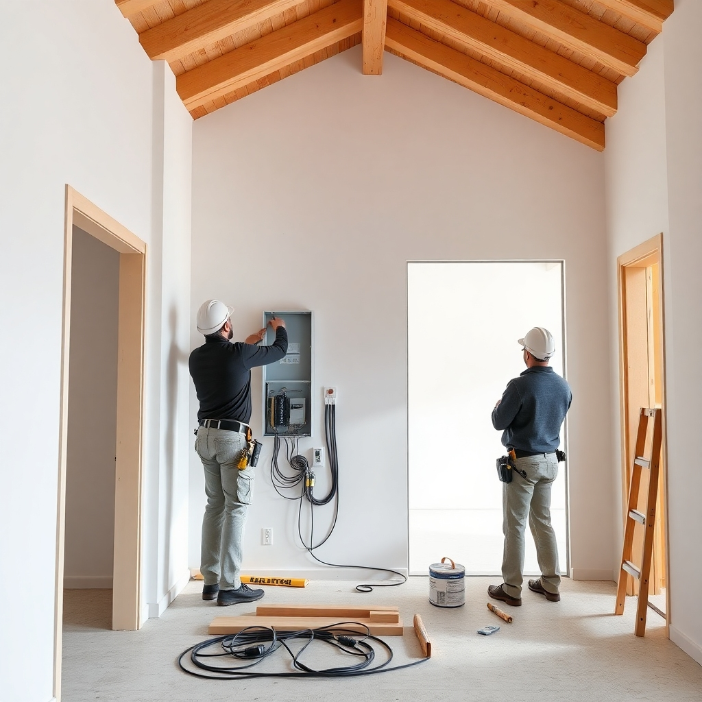 A photorealistic image of a brand-new, modern home under construction with electricians installing the electrical panel. Focus on the clean lines and the sense of a fresh start. 8k resolution.