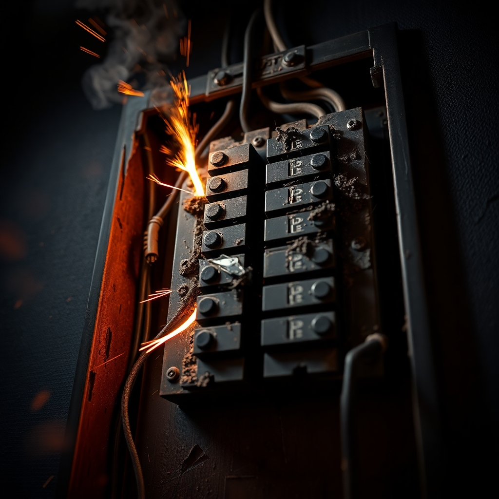 A photorealistic image of a damaged circuit breaker panel with exposed wires and signs of electrical arcing. The image should convey a sense of danger and urgency. The lighting should be dramatic, highlighting the damage and the potential hazards. Color palette should be dark and ominous, with sparks of bright color representing the electrical arcing. Camera angle should be slightly low, emphasizing the scale of the damage. Texture details should show the burnt wires and the damaged panel. The environment should suggest a dangerous electrical situation. Props might include smoke or sparks. Style: Dramatic and cautionary.