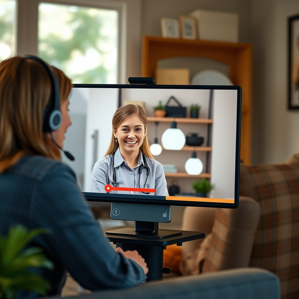 A photorealistic image of a friendly BEC Electric LLC customer service representative on a video call, discussing lighting options with a homeowner. The scene conveys professionalism, responsiveness, and personalized service. The lighting should be warm and inviting, highlighting the positive interaction. Aim for an 8K resolution image with hyperrealistic rendering to capture the details of the conversation and the comfortable setting.