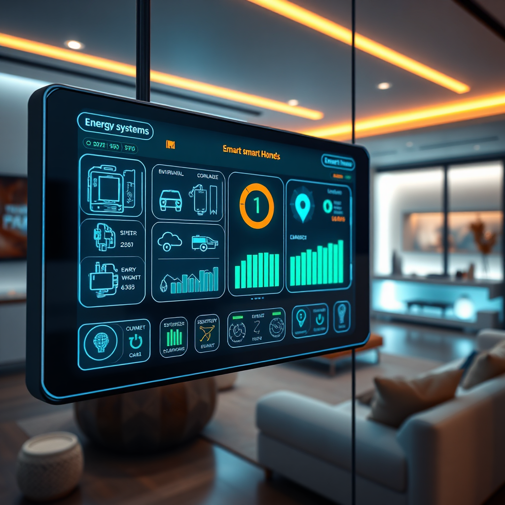 A photorealistic image of a futuristic smart home control panel interface displaying various electrical systems and energy usage data. The background features a clean and modern living space. The lighting is vibrant and futuristic. The camera angle is close-up, focusing on the control panel screen. The color palette is sleek and high-tech. Style reference: Science fiction interface design. Technical specs: 8K resolution, hyperrealistic.