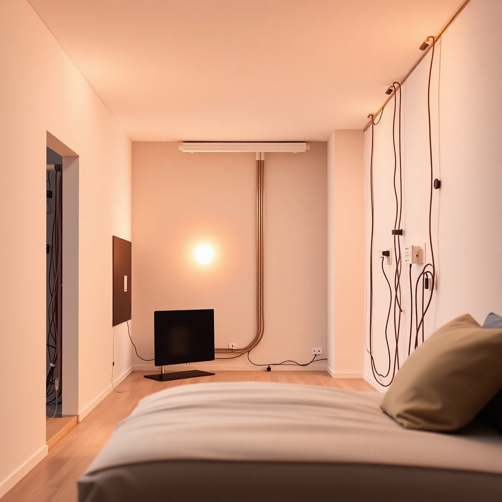 A photorealistic image of a modern home's interior showcasing perfectly installed wiring within the walls. The walls are partially transparent, revealing the organized and safe wiring system. Modern LED lighting fixtures are visible, highlighting the energy efficiency. The scene is brightly lit with warm, inviting light. The color palette is clean and neutral, emphasizing the precision and quality of the work. The camera angle is slightly low, emphasizing the depth and complexity of the wiring system. Textures should be highly detailed, showcasing the quality of the materials used. Style references include architectural photography and interior design magazines, focusing on clean lines and modern aesthetics. 4K resolution, high quality.