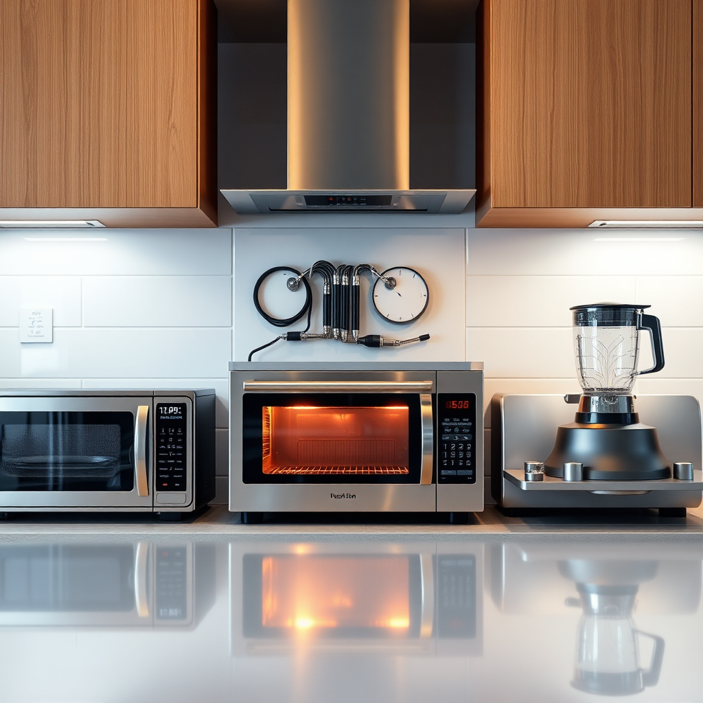 A photorealistic image of a modern kitchen with several appliances running simultaneously (oven, microwave, blender). The electrical panel in the background is new and sleek. The lighting is bright and functional, highlighting the ease of use and convenience. The camera angle is wide, capturing the entire kitchen scene. The color palette is vibrant and modern. Style reference: interior design photography. Technical specs: 8K resolution, hyperrealistic.