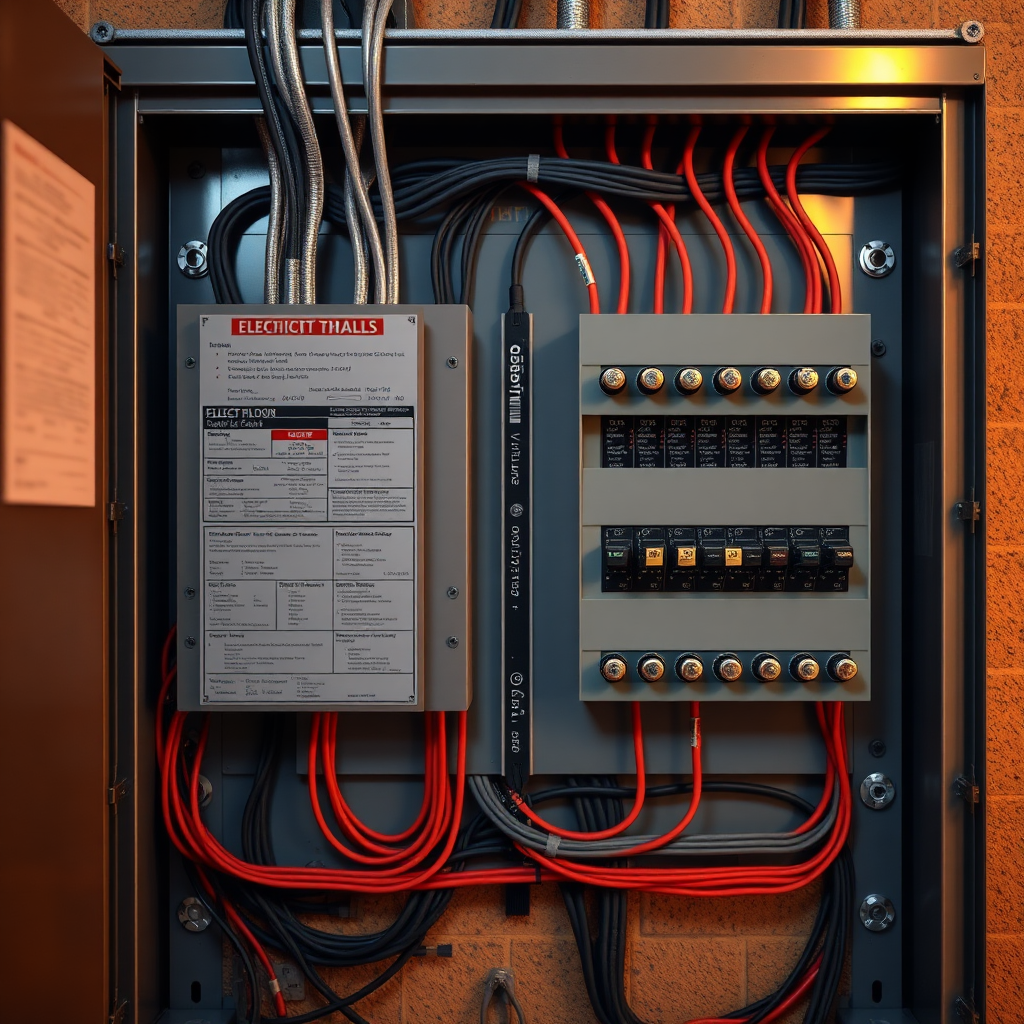 A photorealistic image of a newly installed electrical panel, showcasing neat wiring and clear labeling, highlighting the safety and efficiency of BEC Electric's upgrades. Use warm lighting to emphasize the quality. Technical specs: 8K resolution, hyperrealistic.