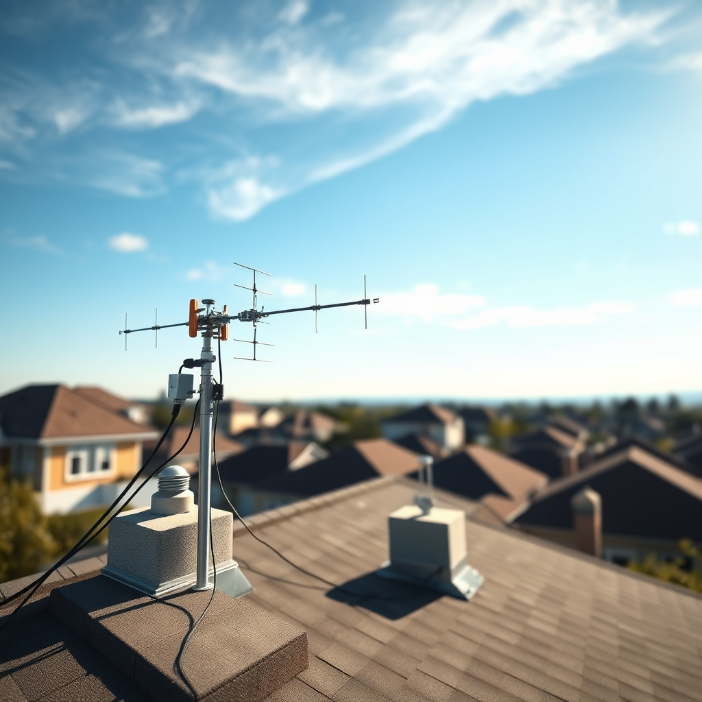 A photorealistic image of a perfectly installed ham radio antenna on a residential rooftop. The antenna should be a Yagi-Uda type, pointing towards the horizon. The sky should be a clear blue with a few wispy clouds. The surrounding houses should be blurred in the background. The lighting should be bright and sunny, casting long shadows. Use a wide-angle lens to capture the expansive view of the rooftop and the surrounding neighborhood. The color palette should be dominated by blue, gray, and white. Style reference: National Geographic photography.