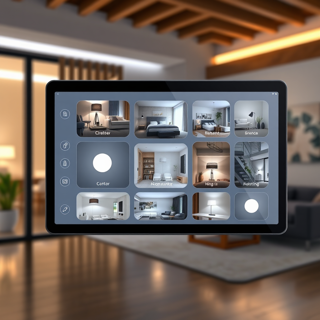 A photorealistic image of a smart home control panel interface displaying various lighting scenes and settings. The panel should be sleek and user-friendly, allowing for easy customization. The background should subtly showcase the ambient lighting in different rooms of the house. Aim for an 8K resolution image with hyperrealistic rendering to capture the details of the interface and the smart home environment.