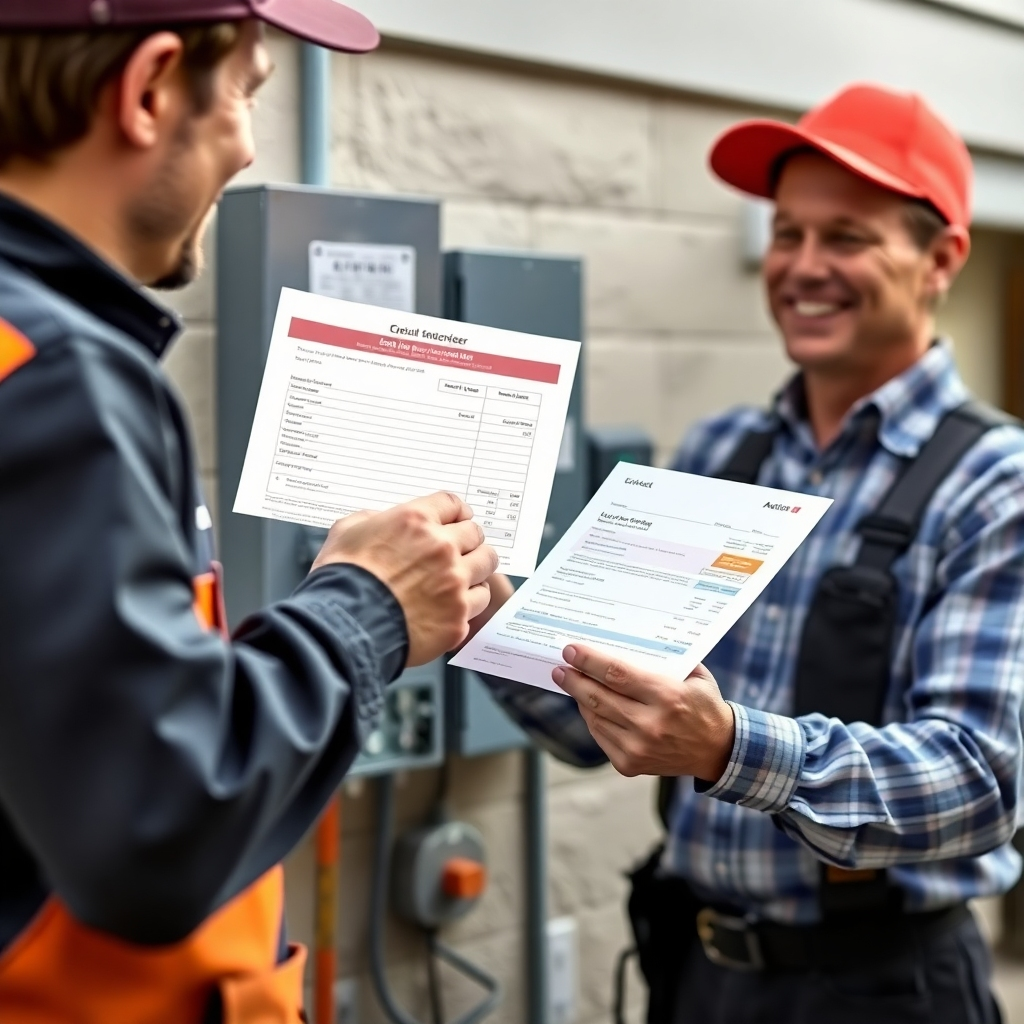 A photorealistic image of a technician handing a homeowner a written estimate for circuit breaker services. Focus on the friendly interaction and the clarity of the document. Style: Professional and approachable.