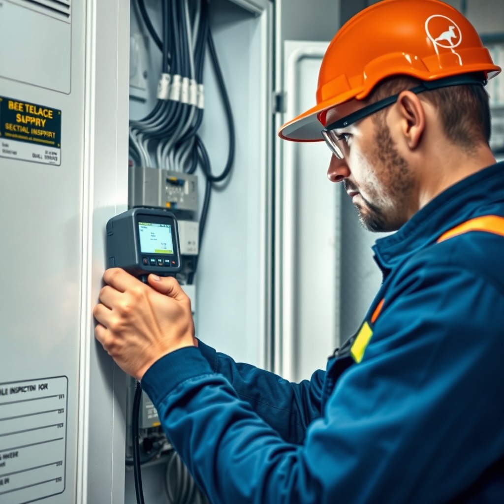 A photorealistic image of an electrician using specialized equipment to inspect an electrical panel, highlighting the thoroughness and professionalism of BEC Electric's inspection services. Use natural lighting to show clarity. Technical specs: 8K resolution, hyperrealistic.
