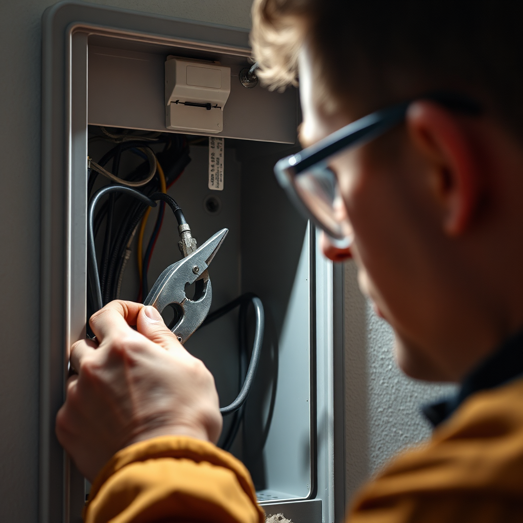 A photorealistic image of an electrician repairing a damaged wire connection inside an electrical box. The electrician is using a pair of pliers and wearing safety glasses. The lighting is focused on the connection, highlighting the precision of the work. The color palette is primarily neutral, with metallic tones from the wires and tools. Style reference: Close-up technical photography emphasizing detail. Technical specs: 8K resolution, hyperrealistic.