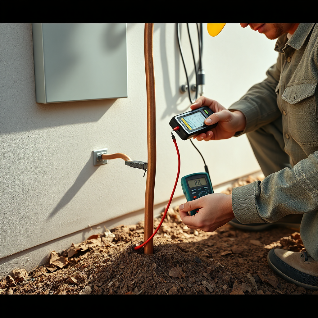 A photorealistic image of an electrician inspecting a grounding rod connected to an electrical panel. The grounding rod is partially buried in the earth, with a thick copper wire connecting it to the panel. The electrician is using a multimeter to check the grounding. The lighting is bright and clear, emphasizing the connection and the electrician's work. The color palette is primarily neutral, with greens and browns from the earth and metallic tones from the grounding rod and panel. Style reference: Professional, technical photography. Technical specs: 8K resolution, hyperrealistic, focusing on the detail of the grounding connection.