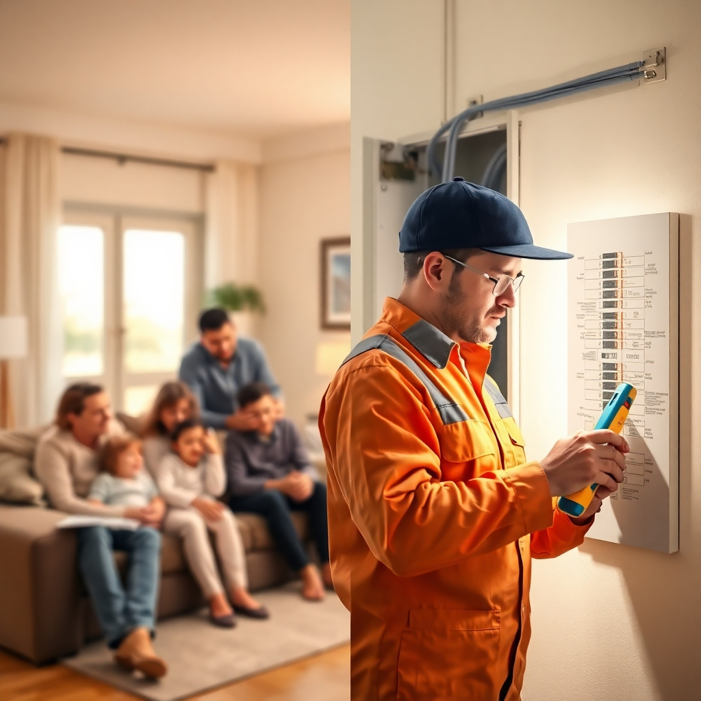 A photorealistic image representing BEC Electric LLC's commitment to safe and reliable electrical service. The image should depict a split scene: on one side, a family comfortably gathered in a brightly lit living room, symbolizing a safe home environment. On the other side, a skilled BEC Electric technician meticulously inspecting a circuit breaker panel. Connect the two scenes with subtle lighting, a beam of light from the panel illuminating the family. The color palette should be warm and inviting for the family side, and professional and precise for the technician side. The camera angle should be slightly elevated to capture both scenes effectively. Texture details should highlight the quality of workmanship and the safety of the home environment. The environment should suggest a modern, well-maintained home. Props might include a circuit diagram or a voltage tester. The style should be realistic with a touch of warmth. Technical specs: 4K resolution, high quality.