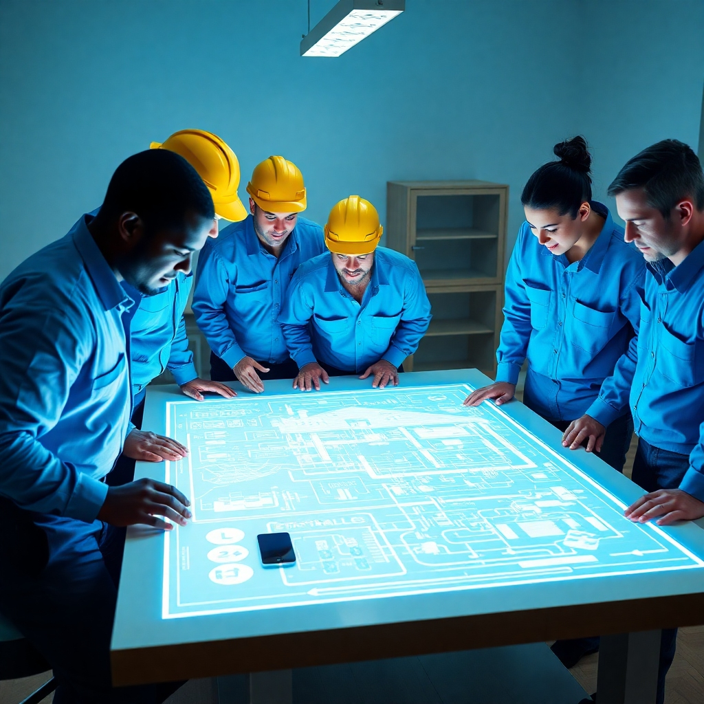 A photorealistic image representing BEC Electric LLC's commitment to powering the digital age. The scene depicts a diverse team of skilled electricians collaborating around a large, interactive digital blueprint projected onto a table. The blueprint showcases the electrical plan for a smart home, with interconnected devices and systems. The composition emphasizes teamwork and technological expertise. Lighting is bright and professional, with a focus on the details of the blueprint and the faces of the team members. The color palette is dominated by blues, representing trust and innovation, with accents of yellow to signify energy. The camera angle is slightly elevated to provide a comprehensive view of the scene. Textures should be sharp and detailed, showcasing the advanced technology and equipment used by BEC Electric LLC. Style references include corporate photography with a focus on collaboration and innovation. 4K resolution, high quality.