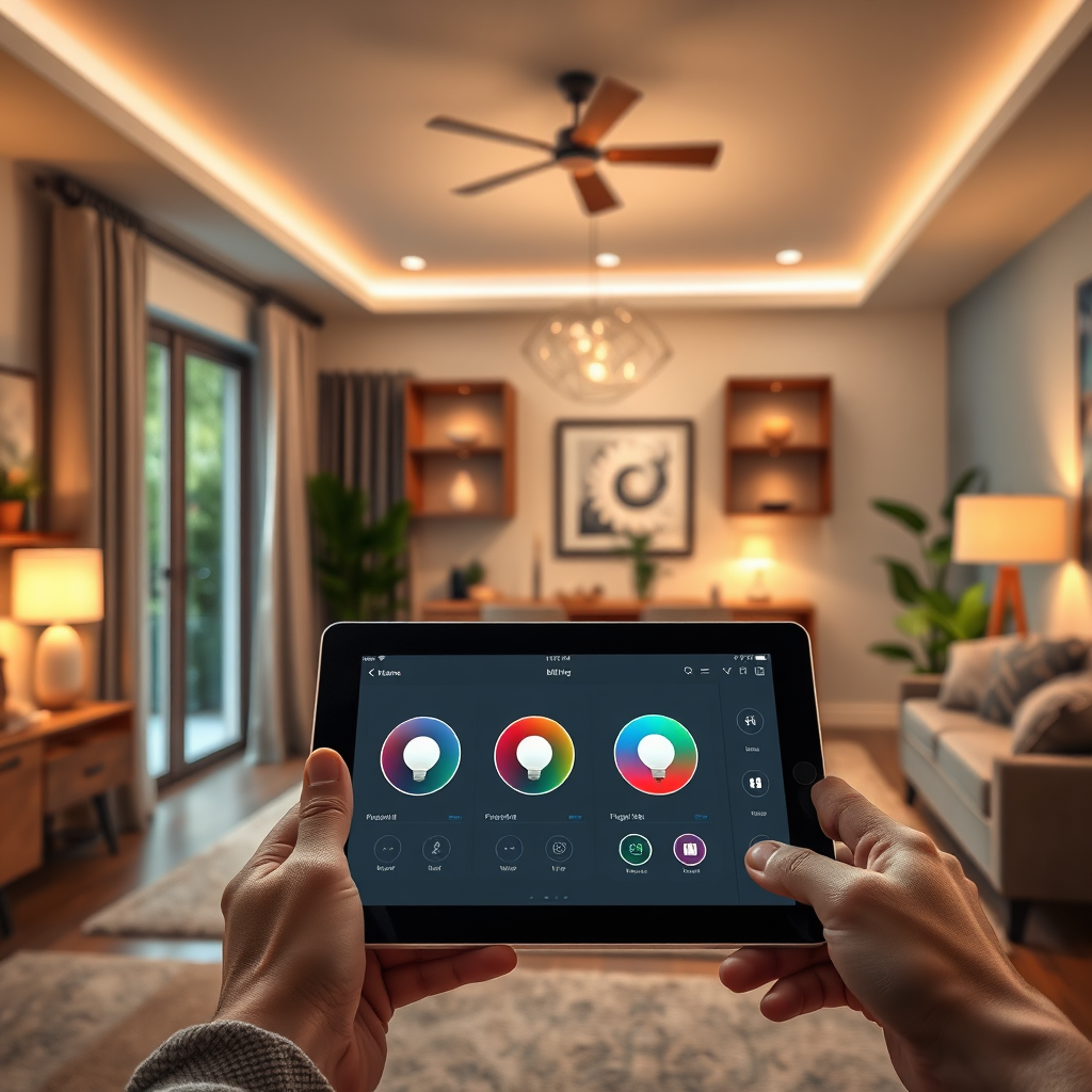 A photorealistic image showcasing a smart home setup with a tablet controlling various lighting fixtures throughout the house. The tablet should display a user-friendly interface, allowing for easy adjustments to brightness and color temperature. The scene should convey the convenience and control of smart lighting technology. Aim for an 8K resolution image with hyperrealistic rendering to capture the details of the smart home environment and the user interface.