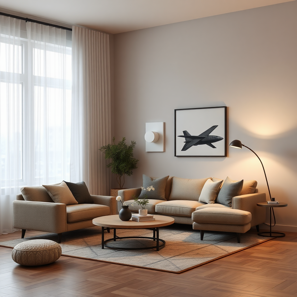 A photorealistic image showcasing a living room with a dimmer switch subtly dimming the lights. The room should transition from bright to dim, demonstrating the switch's functionality and impact on ambiance. Soft, warm lighting should emphasize the cozy and inviting atmosphere. Aim for an 8K resolution image with hyperrealistic rendering to capture the subtle nuances of light and shadow.