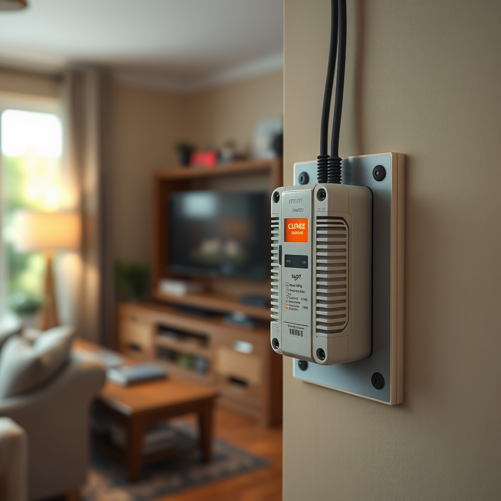 A photorealistic image showcasing a surge protector installed at a home's electrical panel. The background shows a cozy living room scene with a TV and other electronics. The surge protector is clearly visible and highlighted, emanating a soft protective glow. The image should convey a sense of security and home safety. Focus on clean wiring and a professional installation. Use a shallow depth of field to blur the background and emphasize the surge protector. 8K resolution, hyperrealistic.