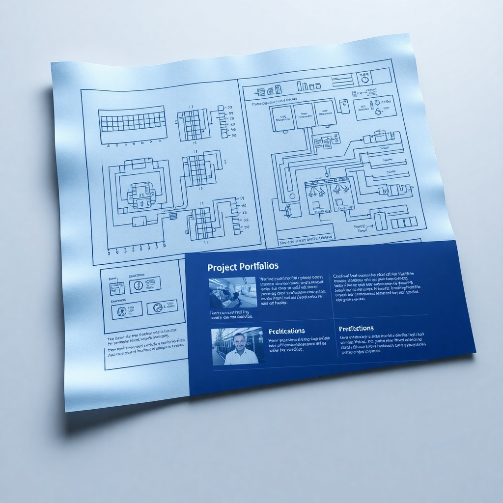 A photorealistic image showcasing a blueprint overlaid with a website interface. The blueprint displays electrical schematics and wiring diagrams, while the website interface features project portfolios, customer testimonials, and service descriptions. The composition emphasizes the integration of technical expertise with online presentation. Lighting is bright and professional, highlighting the details of both the blueprint and the website. The color palette is dominated by blues and grays, representing technical precision and reliability. The camera angle is slightly elevated to provide a comprehensive view of the integration. Textures should be sharp and detailed, showcasing the complexity of the electrical work and the user-friendliness of the website. Style references include technical illustration with a focus on clarity and precision. 4K resolution, high quality.