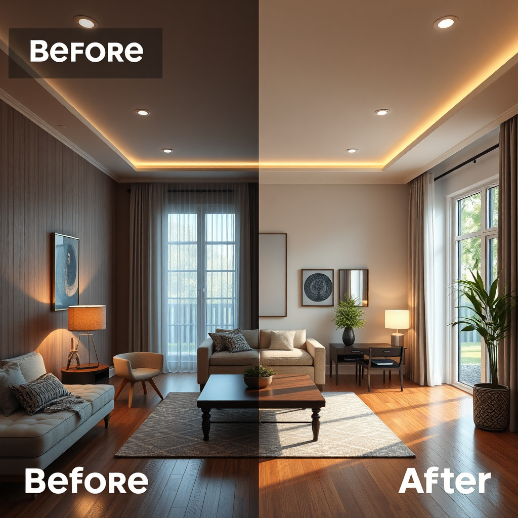 A photorealistic image showcasing a before-and-after transformation of a room with improved lighting. The 'before' scene should be dimly lit and outdated, while the 'after' scene is bright, modern, and inviting. The image should clearly demonstrate the impact of quality lighting and the value of BEC Electric LLC's services. Aim for an 8K resolution image with hyperrealistic rendering to capture the dramatic difference and the overall improvement in ambiance.
