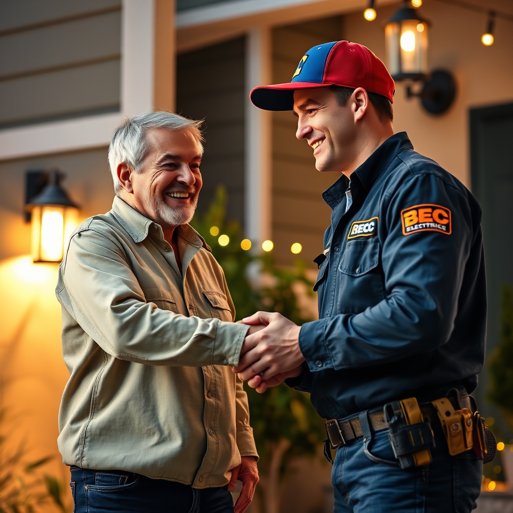 A photorealistic image showing a happy homeowner shaking hands with a BEC Electric LLC technician after a successful lighting installation. The scene conveys satisfaction, trust, and quality service. The lighting should be warm and inviting, highlighting the positive interaction between the technician and the homeowner. Aim for an 8K resolution image with hyperrealistic rendering to capture the genuine expressions and the sense of accomplishment.