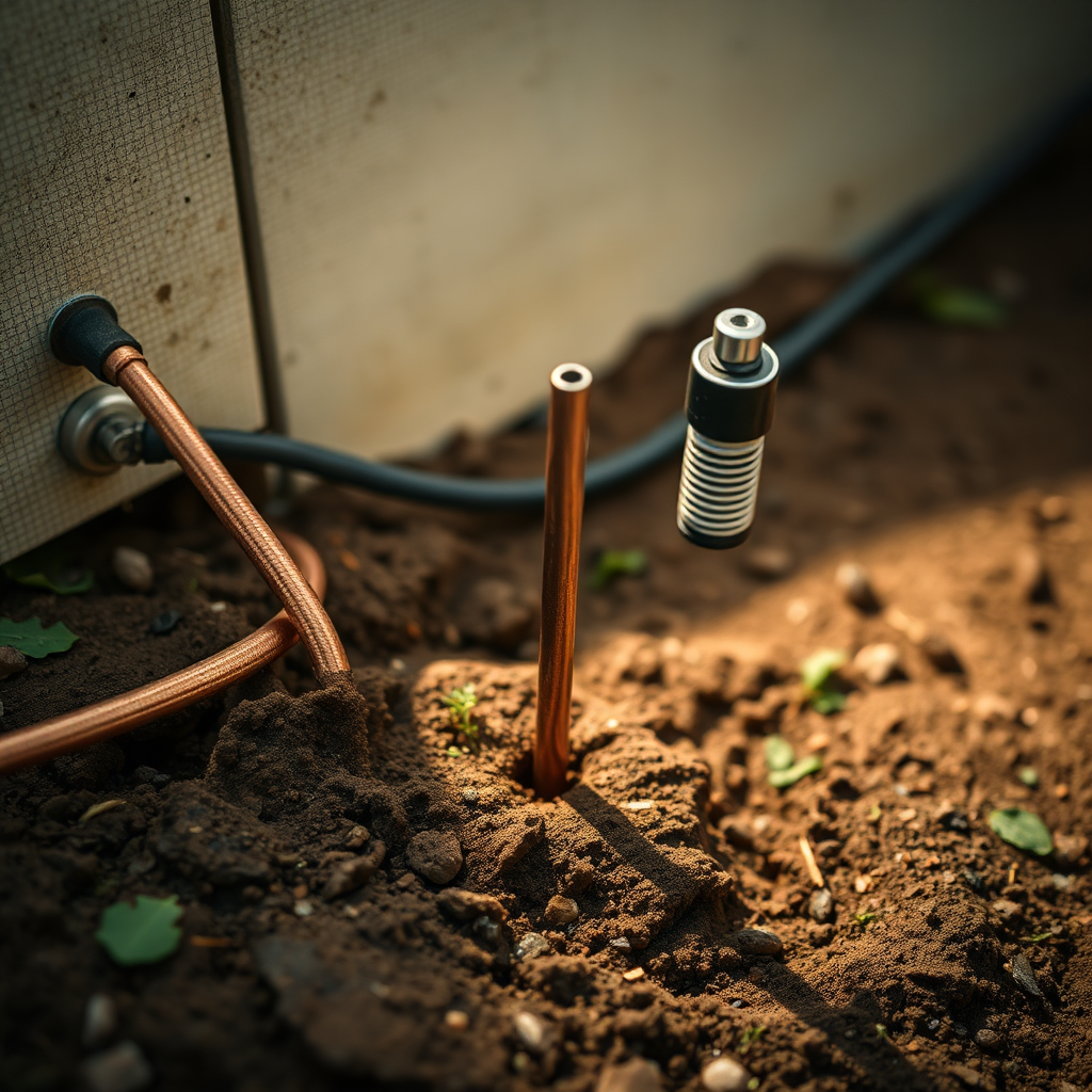 A photorealistic image showing a professionally installed grounding rod connected to a ham radio system. The ground rod should be securely embedded in the earth, with a thick copper wire connecting it to the radio equipment. The surrounding area should be slightly damp, indicating good soil conductivity. The lighting should be soft and diffused, creating a sense of security and reliability. Use a medium-angle lens to capture the grounding setup in its entirety. The color palette should be dominated by brown, green, and copper. Style reference: A documentary photography style, emphasizing functionality and safety.