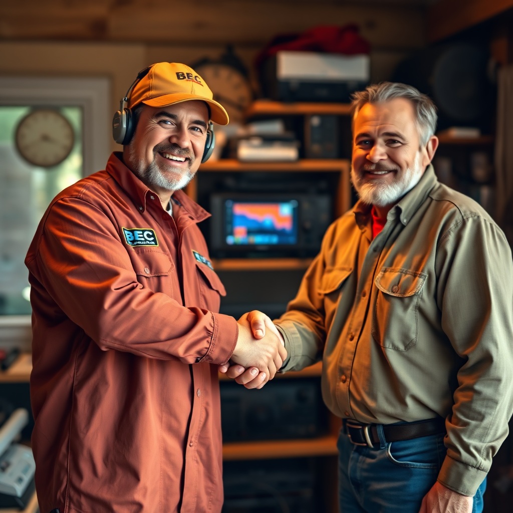 A photorealistic image showing a handshake between a BEC Electric LLC technician and a satisfied customer in front of a ham radio station. The background should be a blurred view of the customer's home office. The lighting should be warm and inviting, creating a sense of trust and partnership. Use a medium-angle lens to capture the handshake and the surrounding environment. The color palette should be warm and inviting, with browns, yellows, and oranges dominating. Style reference: Stock photography, emphasizing trust.
