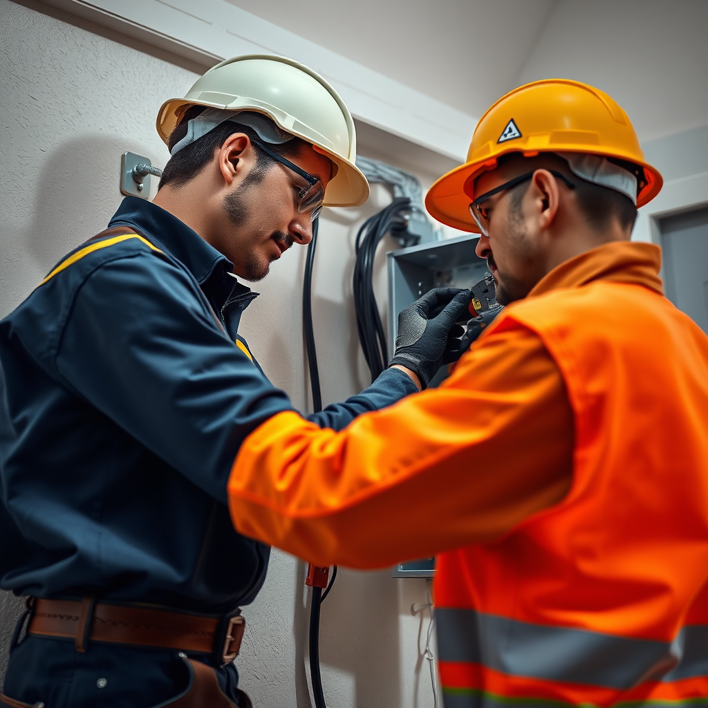 A photorealistic image showing a BEC Electric electrician carefully installing a new electrical panel in a home. They are using professional tools and wearing safety gear. The lighting is focused and highlights the precision of their work. The camera angle is medium, capturing the electrician and the panel. The color palette is clean and professional. Style reference: Home improvement photography. Technical specs: 8K resolution, hyperrealistic.