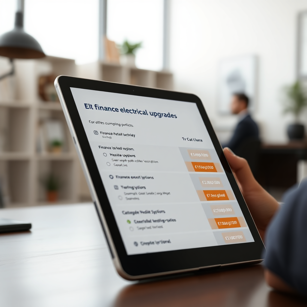 A photorealistic image showing a tablet displaying various financing options for electrical upgrades. The background is blurred and features a home office setting. The lighting is soft and professional. The camera angle is close-up, focusing on the tablet screen. The color palette is calm and trustworthy. Style reference: Financial technology photography. Technical specs: 8K resolution, hyperrealistic.