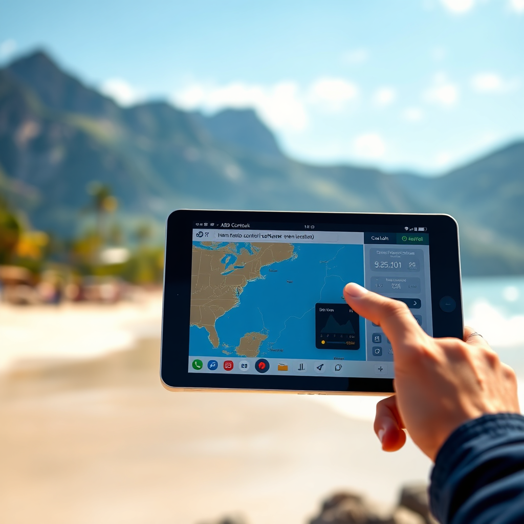 A photorealistic image showing a tablet displaying ham radio control software, with a map in the background indicating the user's remote location. The tablet is held by a hand against a scenic backdrop, such as a mountain range or a tropical beach. The lighting should be natural and vibrant, reflecting the beauty of the remote location. Use a shallow depth of field to blur the background and draw attention to the tablet. The color palette should be bright and colorful, reflecting the natural environment. Style reference: Travel photography.