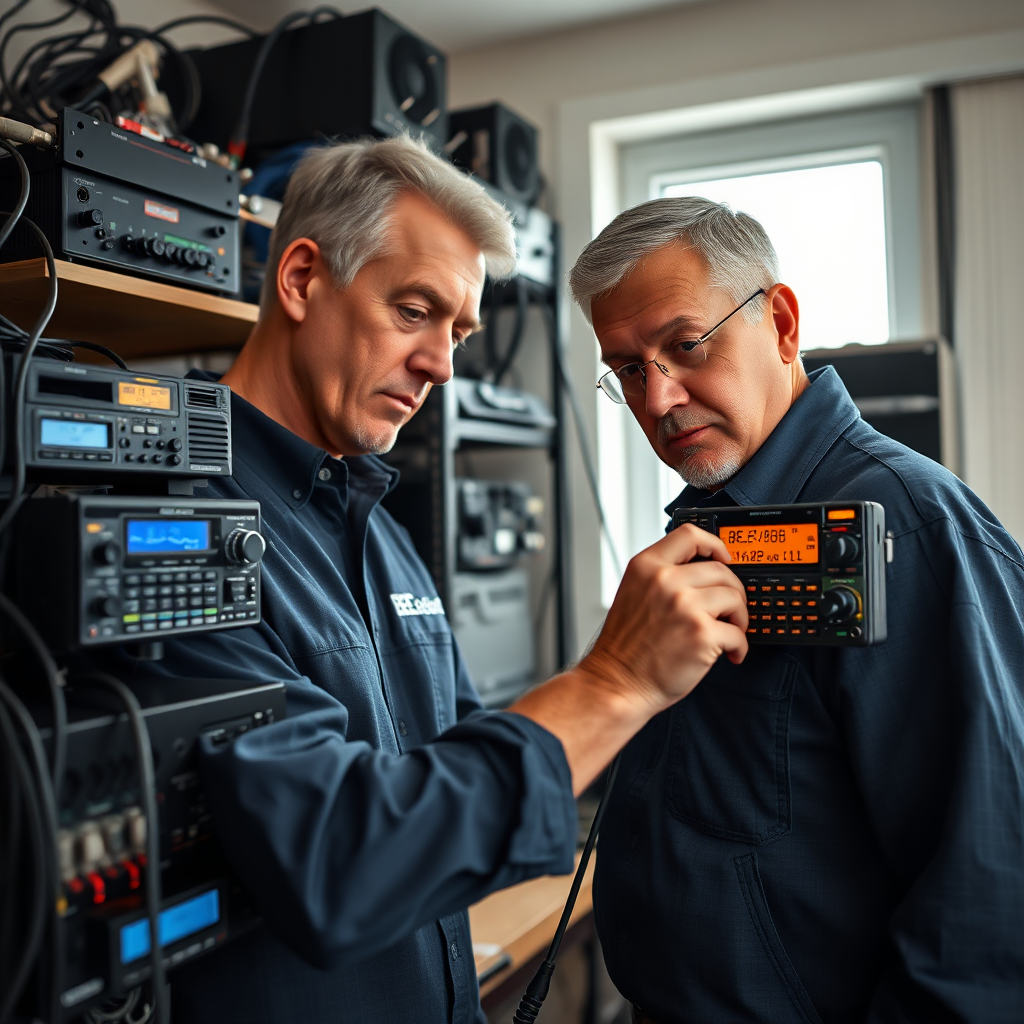 A photorealistic, ultra-high quality 8K image showcasing BEC Electric LLC's professional ham radio installation services. The scene is a clean, organized home radio shack setup. Focus on a technician, middle-aged, wearing a BEC Electric LLC branded shirt, meticulously connecting a high-end transceiver to an antenna feed line. The background features various ham radio components: amplifiers, tuners, and a neatly wired patch panel. Soft, natural lighting streams in from a window, highlighting the technician's focused expression and the high-quality equipment. Use a shallow depth of field to blur the background and draw attention to the technician and the transceiver. The overall color palette is professional, with blues, grays, and blacks dominating, punctuated by the vibrant colors of the radio displays. Capture intricate details of the wiring, connectors, and equipment labels, emphasizing the precision and expertise involved. Style reference: blend the clean aesthetics of a professional technology advertisement with the down-to-earth feel of a family-owned business. Camera angle: slightly low, to give a sense of power and competence. Hyperrealistic rendering.
