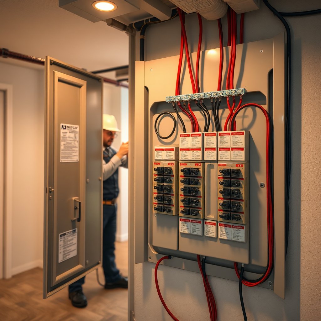 Create a photorealistic image of an electrician performing a detailed electrical inspection in a home. The electrician is using specialized equipment to check wiring and connections. The setting is a typical residential environment, with a focus on safety and precision. Lighting: bright and even, highlighting the details of the electrical system. Color palette: neutral tones with pops of yellow for safety equipment. Camera angle: medium shot, capturing the electrician's actions and the surrounding environment. Texture details: emphasize the texture of the wiring, the metallic finish of the equipment, and the electrician's work attire. Style reference: professional inspection photography.