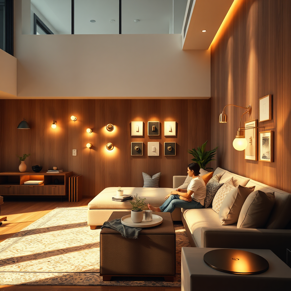 A photorealistic, ultra-high-quality 8K image showcasing a modern living room bathed in warm, inviting light. The focal point is an array of stylish light switches and fixtures elegantly displayed on a nearby wall, emphasizing variety and choice. The lighting should highlight the textures of the room – soft fabrics, polished wood, and smooth metallic finishes. A family is subtly present, enjoying the ambiance, symbolizing comfort and well-being. The color palette should be warm and inviting, with accents of gold and silver reflecting off the fixtures. Capture from a slightly low angle to emphasize the room's height and the sophisticated lighting design. Use hyperrealistic rendering techniques to achieve a level of detail that makes the scene feel tangible and welcoming. The image should subtly convey BEC Electric LLC as a trusted provider of lighting solutions.