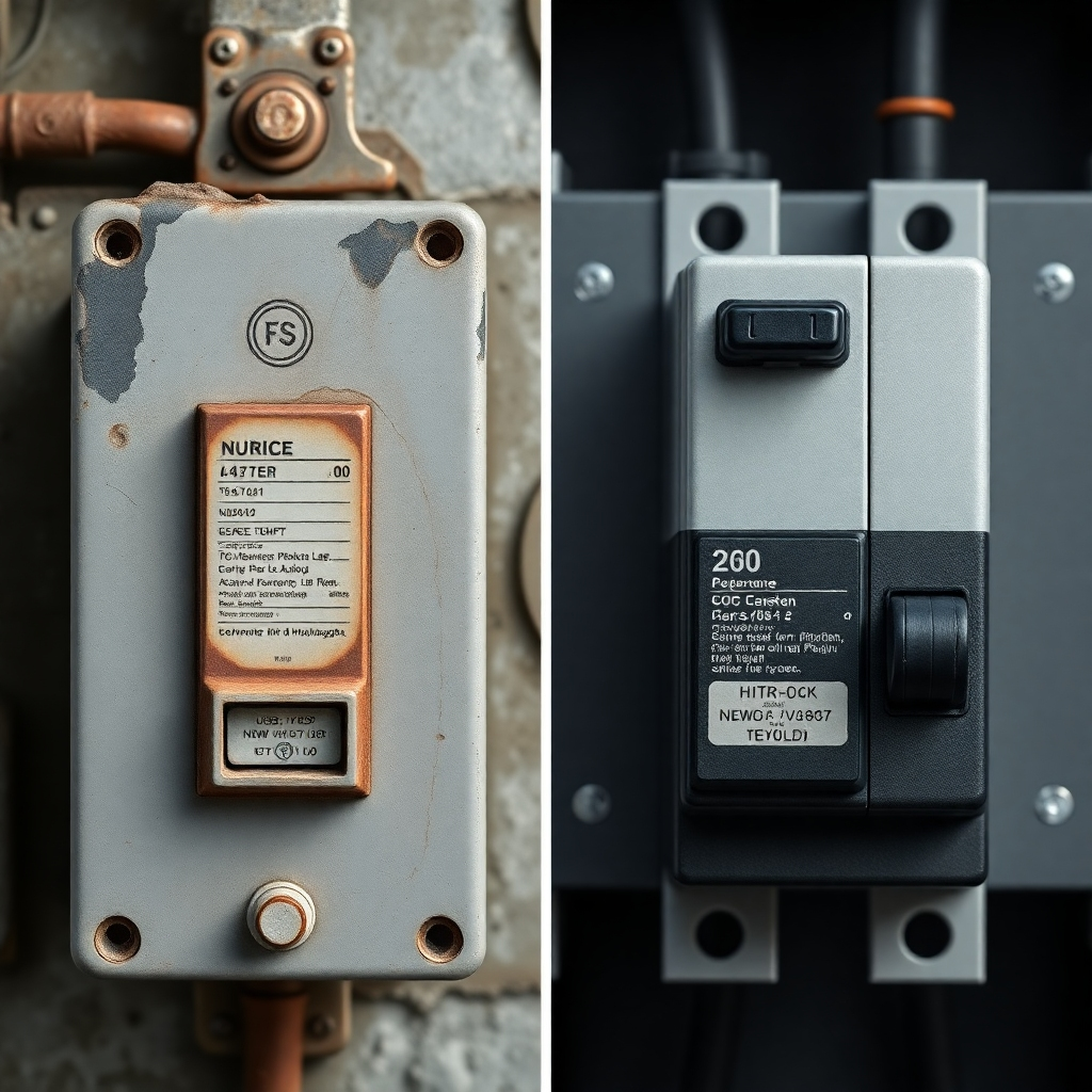 A side-by-side comparison of an old, outdated circuit breaker and a new, modern high-efficiency breaker. Showcase the technological advancements. Photorealistic, detailed close-up. 8k resolution.