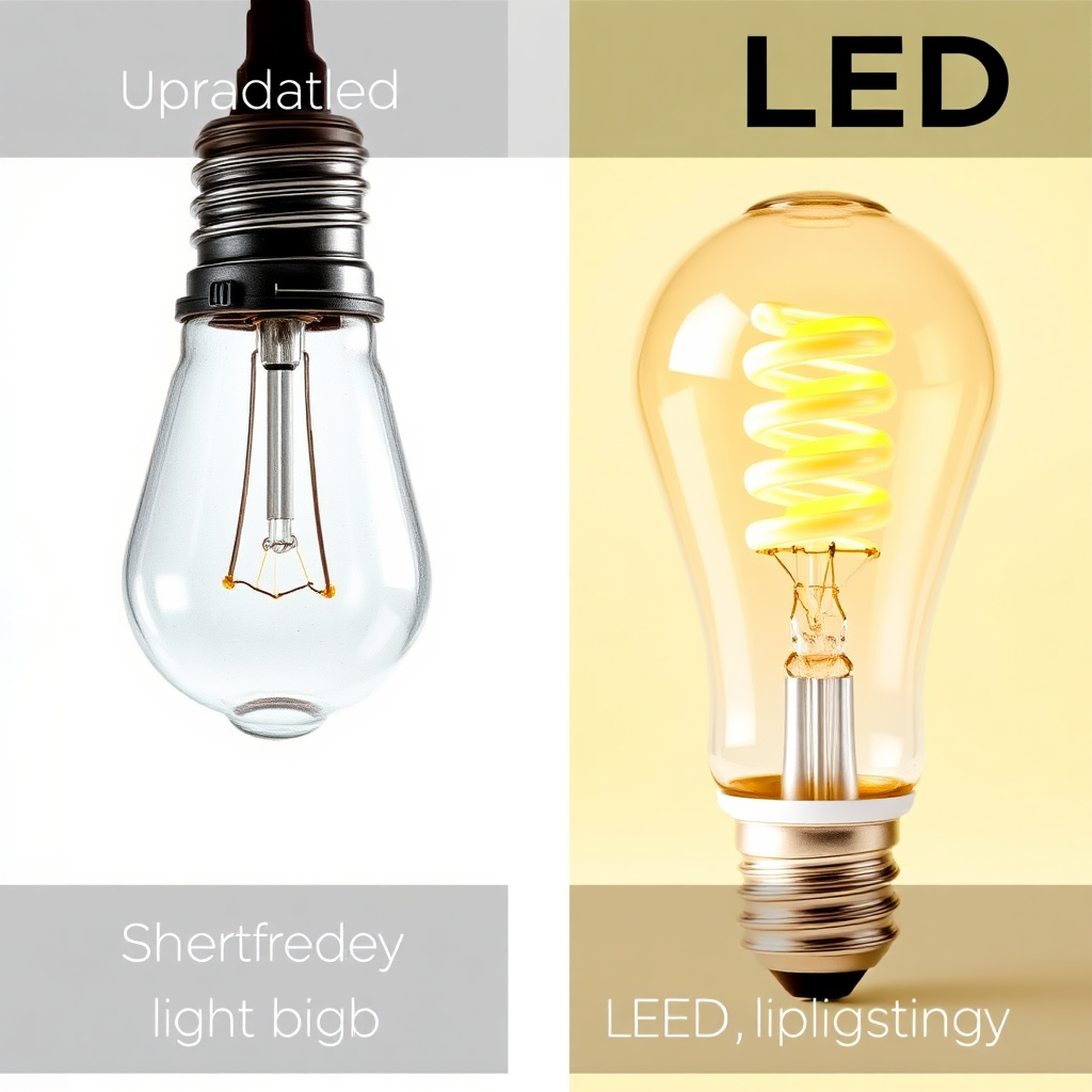 A side-by-side comparison of an old, inefficient light bulb and a new, energy-efficient LED bulb. The scene should convey the benefits of upgrading to LED lighting. The colors should be bright and optimistic.