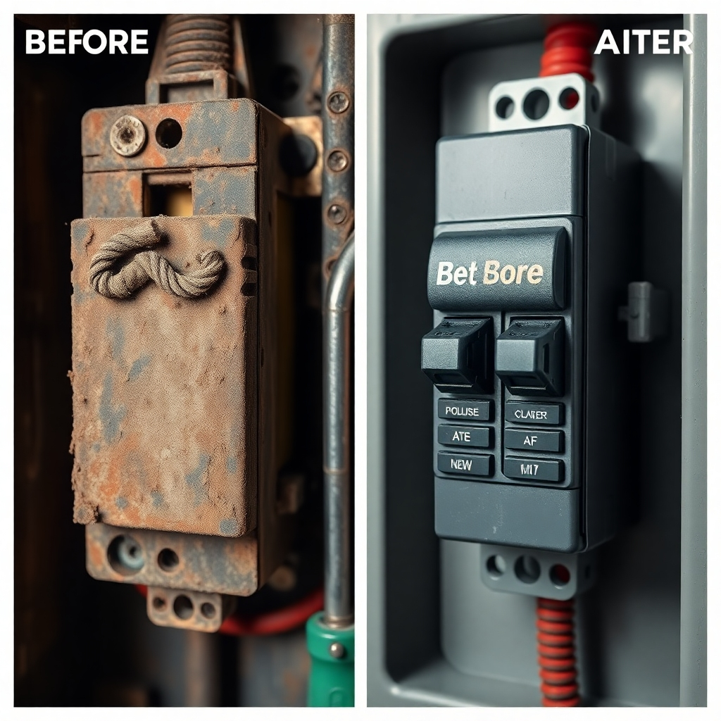 A split photorealistic image showing an old, corroded circuit breaker next to a brand new, modern breaker. The old breaker should be dimly lit and covered in dust, while the new breaker should be brightly lit and pristine. The color palette should contrast the old and new, with the old breaker appearing dull and the new breaker appearing vibrant. The camera angle should be close-up, emphasizing the differences in condition and technology. Texture details should highlight the corrosion on the old breaker and the smooth finish on the new breaker. The environment should suggest a comparison of outdated and modern technology. Props might include a screwdriver or a label maker. Style: Before-and-after, realistic and informative.