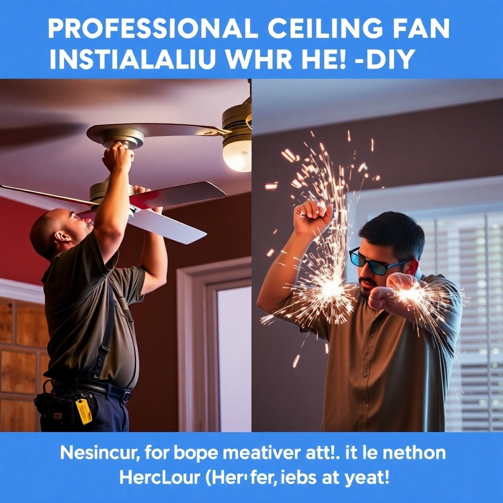 A split-screen image comparing professional ceiling fan installation with a DIY attempt. On one side, a BEC Electric LLC electrician is safely and efficiently installing a fan. On the other side, a homeowner is struggling with the wiring, with sparks flying. The lighting is dramatic, highlighting the contrast between the two scenarios. This image represents the risks of DIY installation and the benefits of hiring a professional.