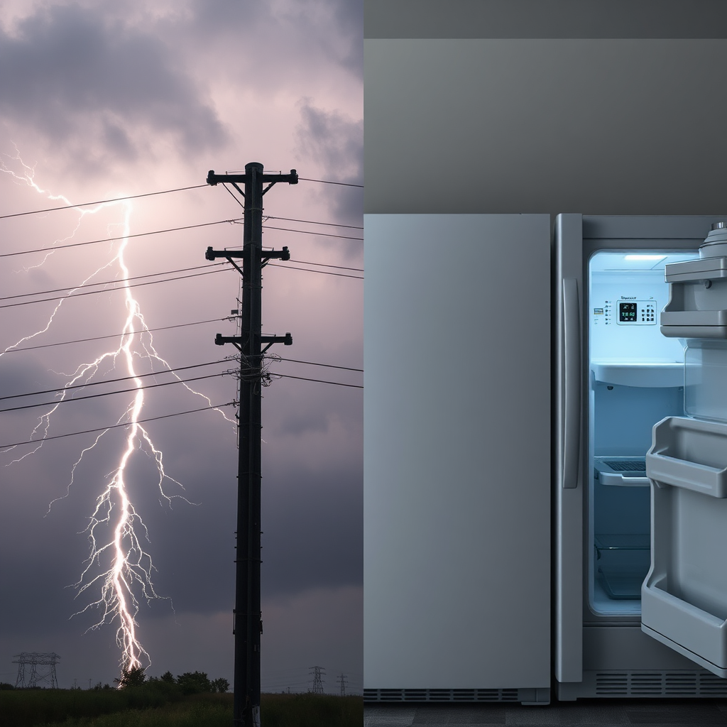 A split-screen image: one side shows a dramatic lightning strike hitting a power line, while the other shows a refrigerator compressor starting up. The image visually represents the two common causes of power surges. The lightning strike side should be dramatic and powerful, while the appliance side should be subtle and everyday. 8K resolution, photorealistic.
