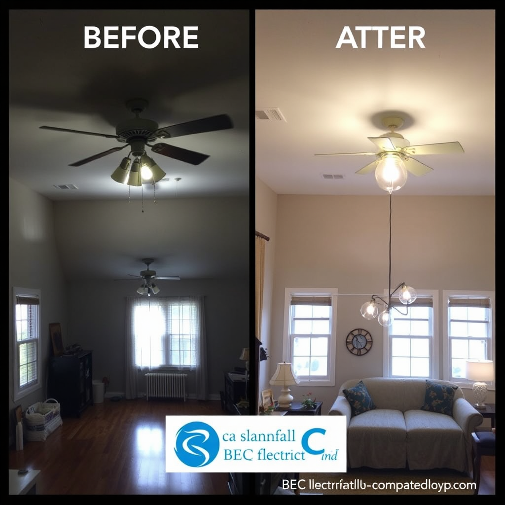 A split-screen image showing a before-and-after of a room with outdated lighting being upgraded with modern, energy-efficient fixtures. The 'before' side is dimly lit and features older fixtures, while the 'after' side is bright, welcoming, and features stylish, modern lighting. BEC Electric completed the upgrade.