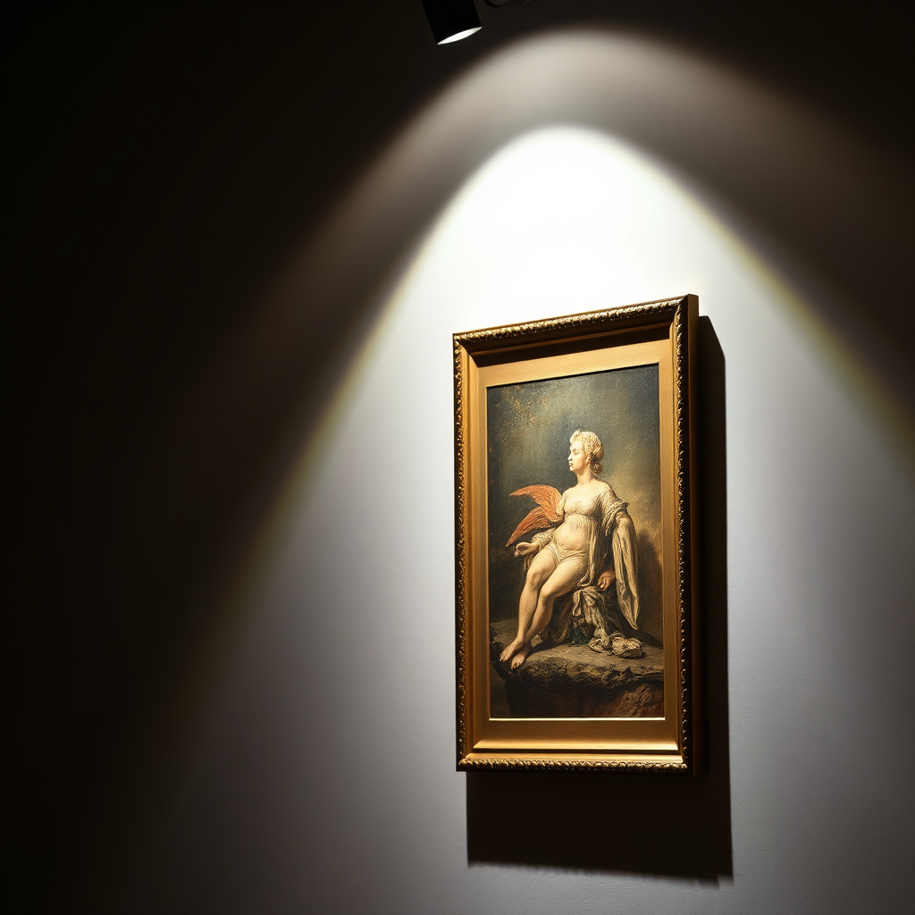 A spotlight illuminating an art piece on a wall, showcasing the dramatic effect of accent lighting. The lighting should be precisely focused, creating a sense of elegance and sophistication.
