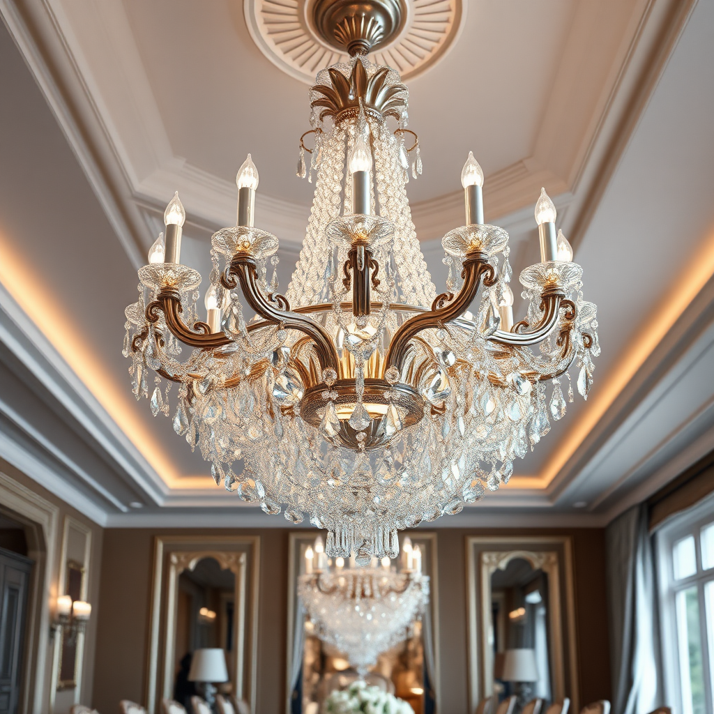 A stunning, photorealistic image of a crystal chandelier hanging in a grand dining room. The chandelier should be the focal point, with its intricate details and sparkling crystals catching the light. The room should be elegantly decorated, emphasizing the chandelier's grandeur and adding to the overall sophistication. Aim for an 8K resolution image with hyperrealistic rendering to capture the brilliance and beauty of the chandelier.