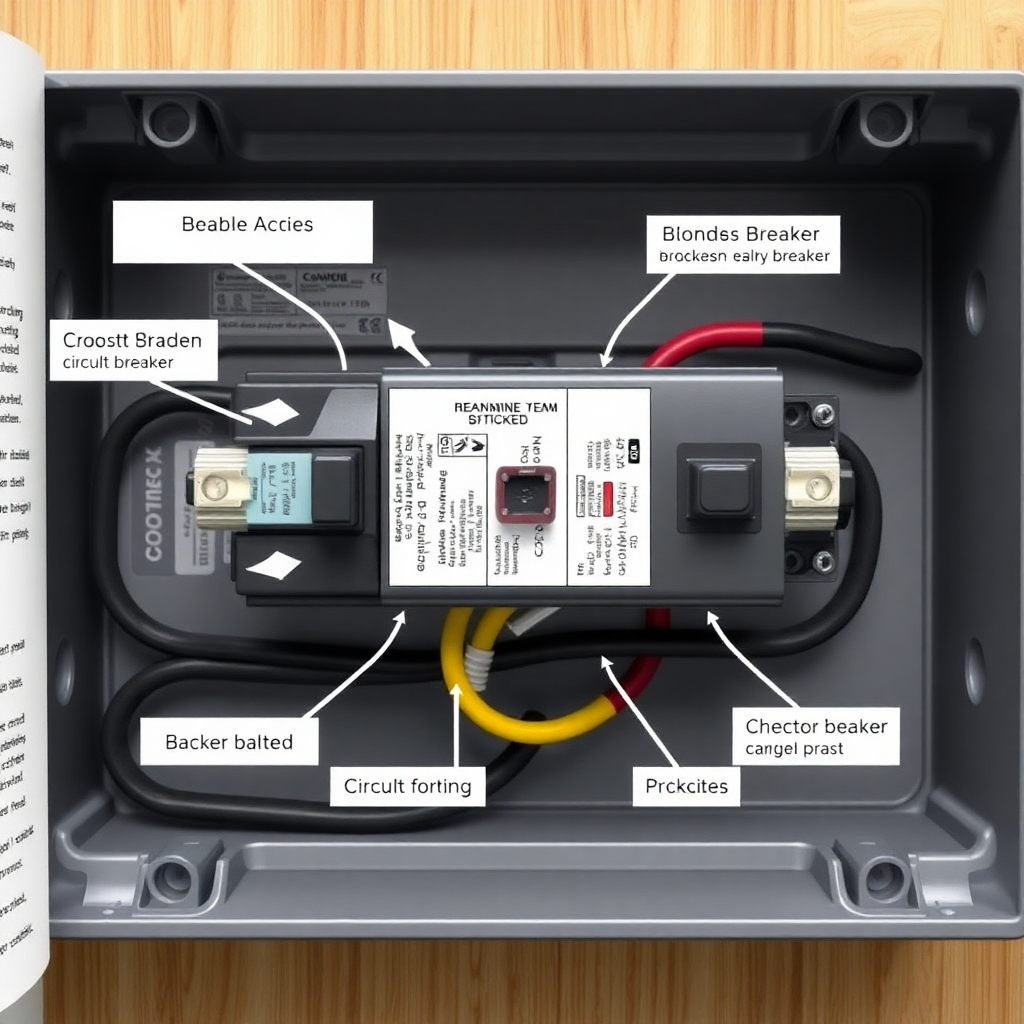 A stylized diagram illustrating the inner workings of a circuit breaker. The diagram should be clear and easy to understand, with labels identifying key components. The lighting should be bright and even, highlighting the different parts of the breaker. Color palette should be educational and informative, with different colors representing different functions. Camera angle should be overhead, showing the entire diagram. Texture details should be minimal, focusing on clarity and understanding. The environment should suggest a textbook or educational resource. Props might include arrows and text labels. Style: Stylized, educational, and informative.